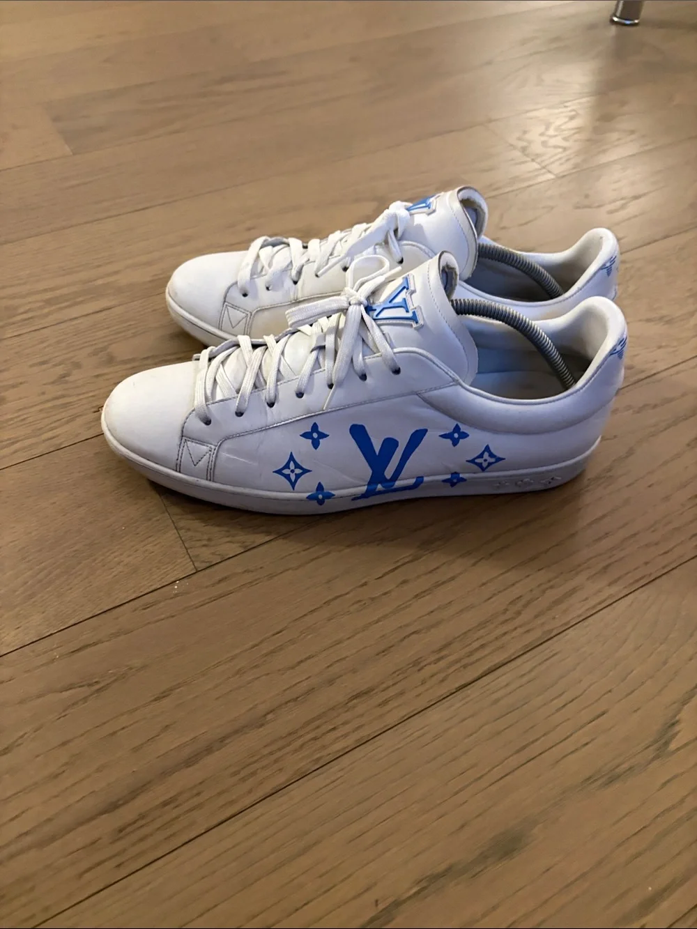 Louis Vuitton White Leather Sneakers with Blue LV Motif